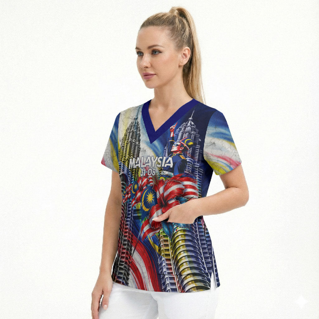 Malaysia Merdeka Independence Day Scrub Top Patriotic Twin Towers Soldier National Flower Graphic