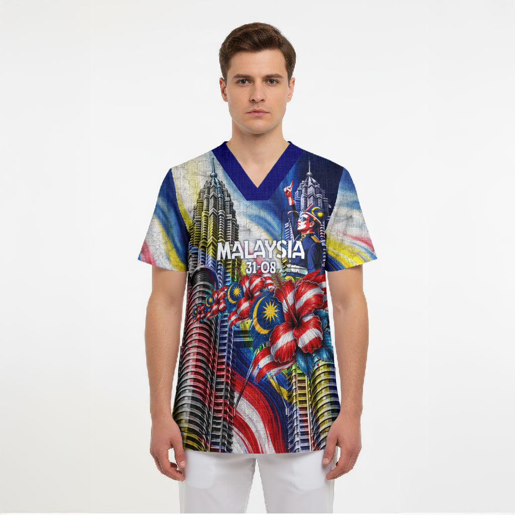 Malaysia Merdeka Independence Day Scrub Top Patriotic Twin Towers Soldier National Flower Graphic