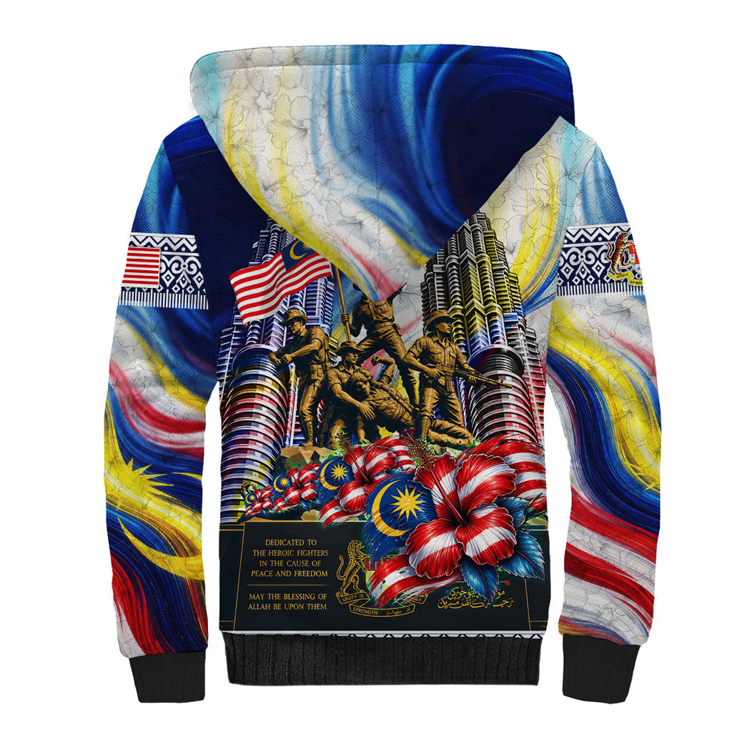 Malaysia Merdeka Independence Day Sherpa Hoodie Patriotic Twin Towers Soldier National Flower Graphic
