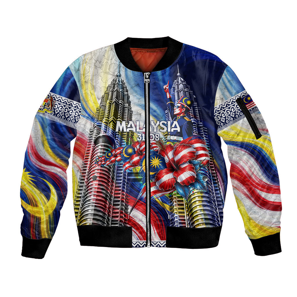 Malaysia Merdeka Independence Day Sleeve Zip Bomber Jacket Patriotic Twin Towers Soldier National Flower Graphic