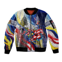 Malaysia Merdeka Independence Day Sleeve Zip Bomber Jacket Patriotic Twin Towers Soldier National Flower Graphic