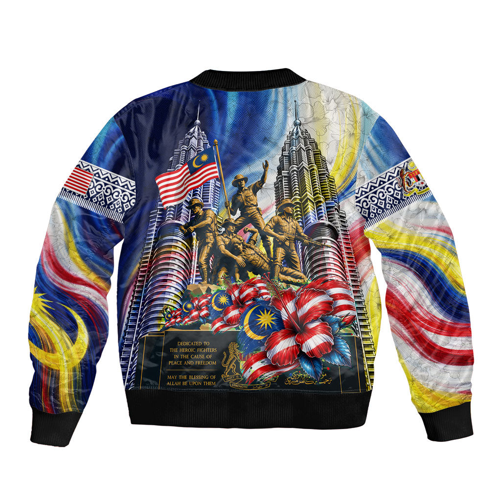 Malaysia Merdeka Independence Day Sleeve Zip Bomber Jacket Patriotic Twin Towers Soldier National Flower Graphic