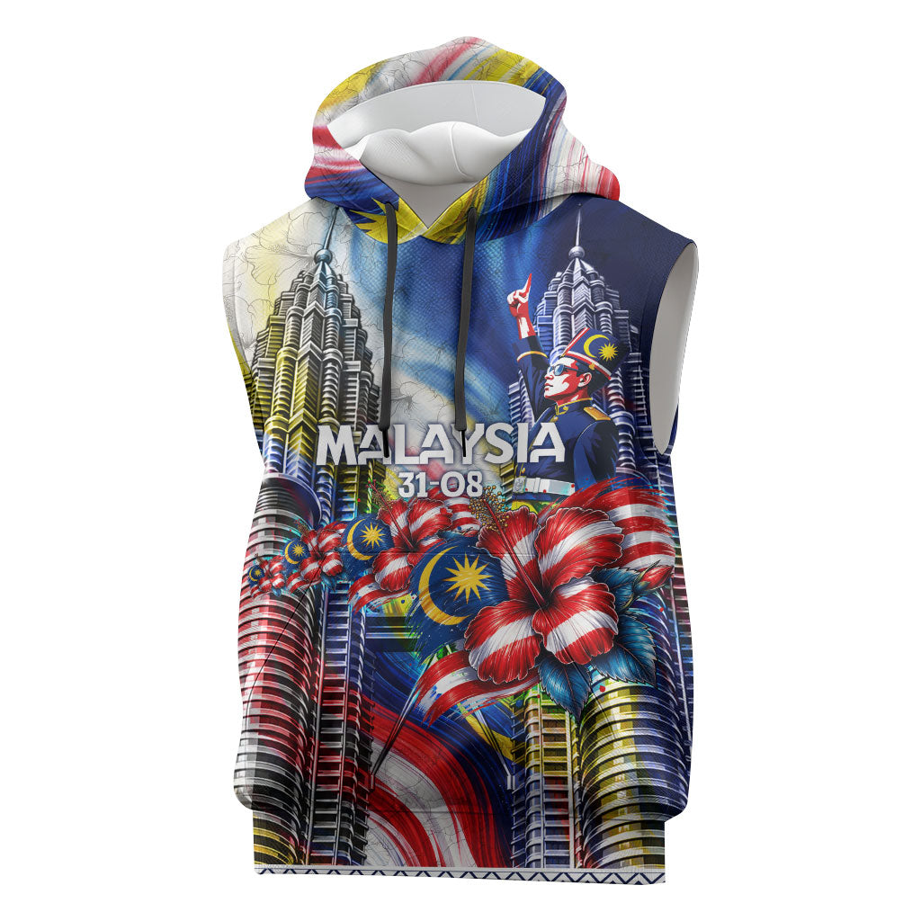 Malaysia Merdeka Independence Day Sleeveless Hoodie Patriotic Twin Towers Soldier National Flower Graphic