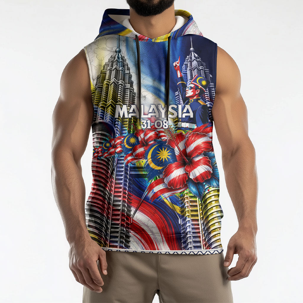 Malaysia Merdeka Independence Day Sleeveless Hoodie Patriotic Twin Towers Soldier National Flower Graphic