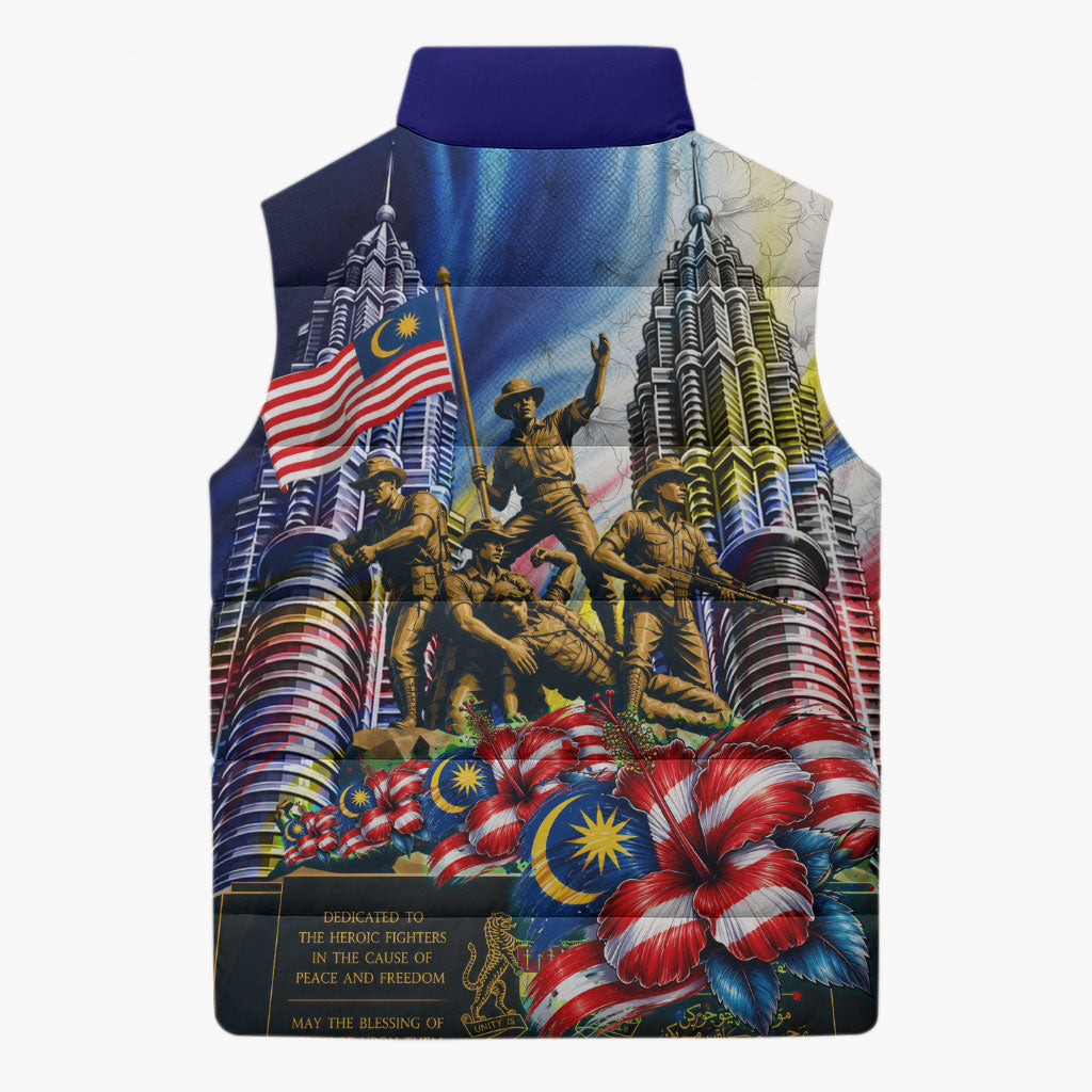 Malaysia Merdeka Independence Day Sleeveless Puffer Jacket Patriotic Twin Towers Soldier National Flower Graphic