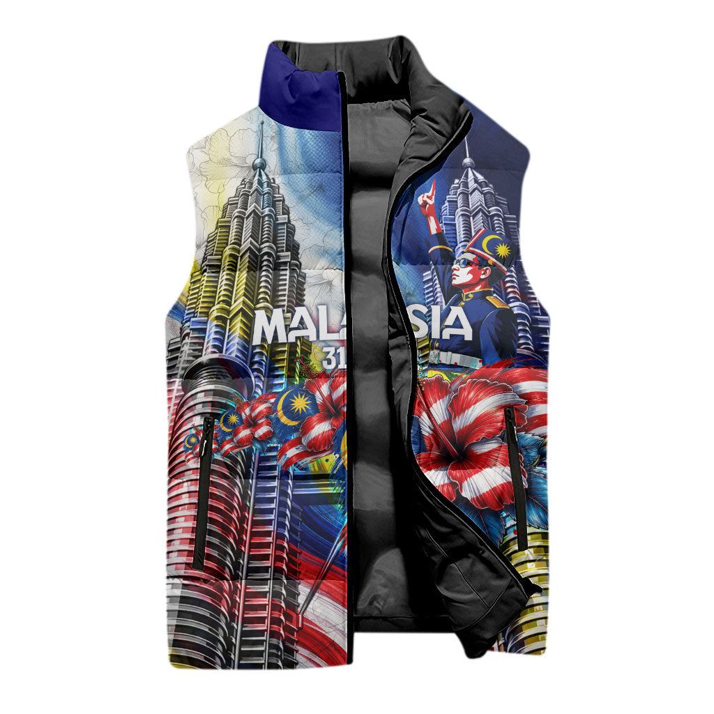 Malaysia Merdeka Independence Day Sleeveless Puffer Jacket Patriotic Twin Towers Soldier National Flower Graphic