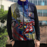 Malaysia Merdeka Independence Day Sleeveless Puffer Jacket Patriotic Twin Towers Soldier National Flower Graphic