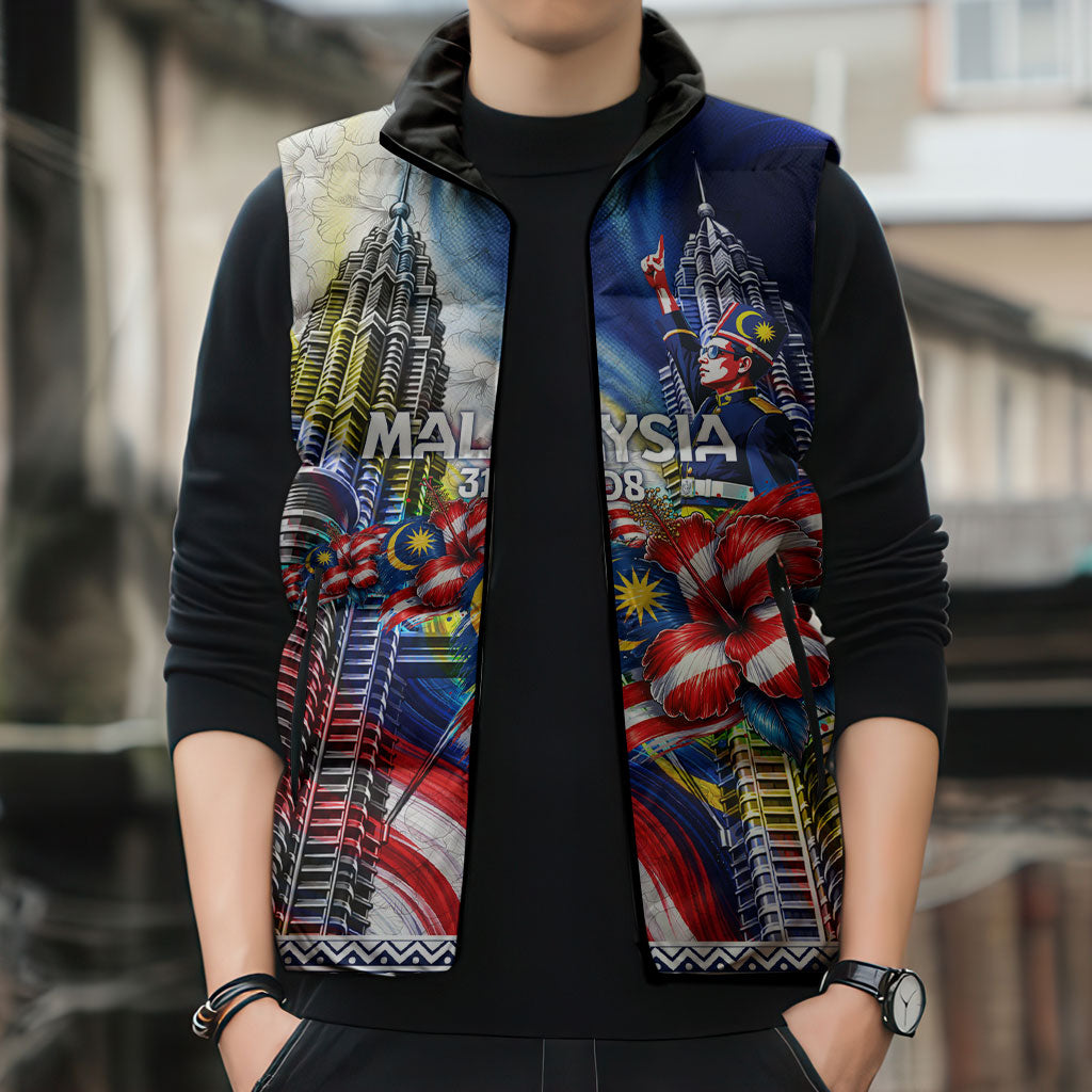 Malaysia Merdeka Independence Day Sleeveless Puffer Jacket Patriotic Twin Towers Soldier National Flower Graphic