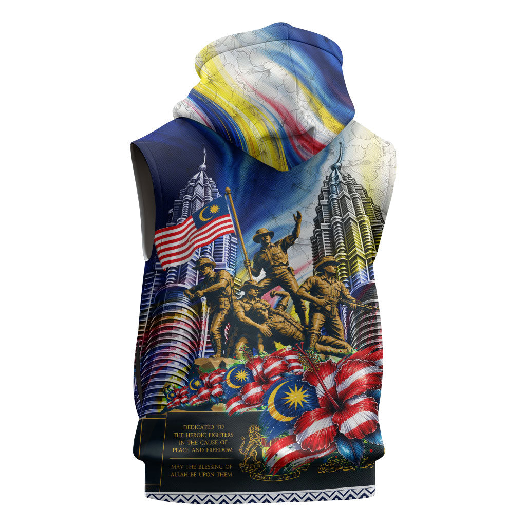 Malaysia Merdeka Independence Day Sleeveless Zip Hoodie Patriotic Twin Towers Soldier National Flower Graphic