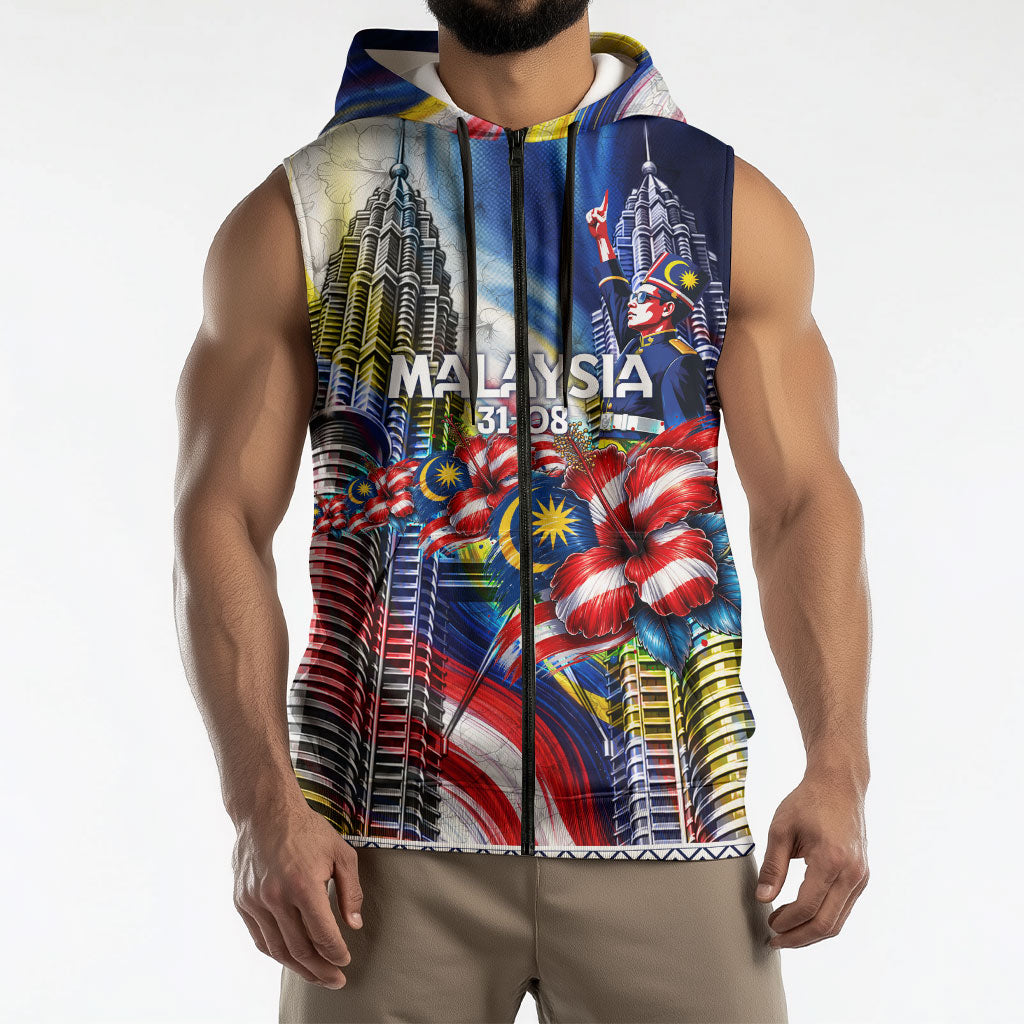 Malaysia Merdeka Independence Day Sleeveless Zip Hoodie Patriotic Twin Towers Soldier National Flower Graphic