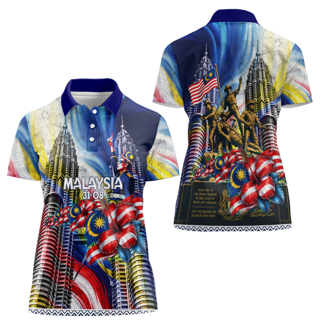 Malaysia Merdeka Independence Day Women Polo Shirt Patriotic Twin Towers Soldier National Flower Graphic