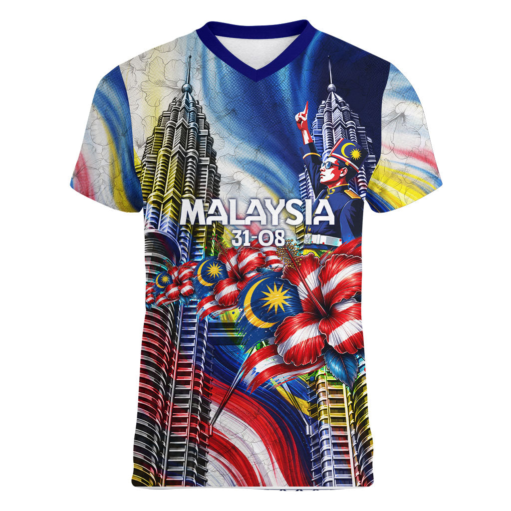 Malaysia Merdeka Independence Day Women V-Neck T-Shirt Patriotic Twin Towers Soldier National Flower Graphic