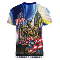 Malaysia Merdeka Independence Day Women V-Neck T-Shirt Patriotic Twin Towers Soldier National Flower Graphic