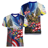Malaysia Merdeka Independence Day Women V-Neck T-Shirt Patriotic Twin Towers Soldier National Flower Graphic