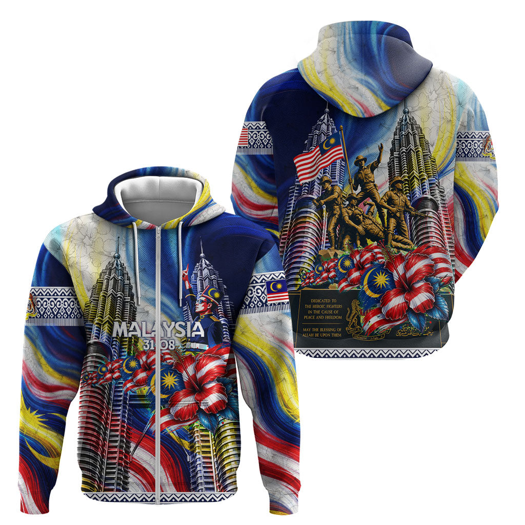 Malaysia Merdeka Independence Day Zip Hoodie Patriotic Twin Towers Soldier National Flower Graphic
