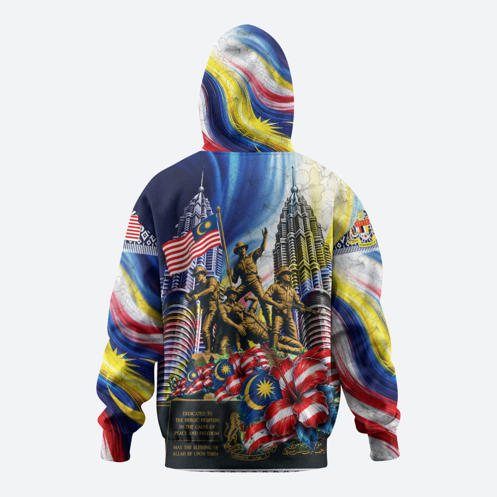 Malaysia Merdeka Independence Day Zip Hoodie Patriotic Twin Towers Soldier National Flower Graphic