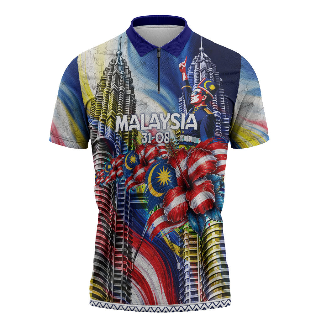 Malaysia Merdeka Independence Day Zipper Polo Shirt Patriotic Twin Towers Soldier National Flower Graphic