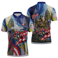 Malaysia Merdeka Independence Day Zipper Polo Shirt Patriotic Twin Towers Soldier National Flower Graphic