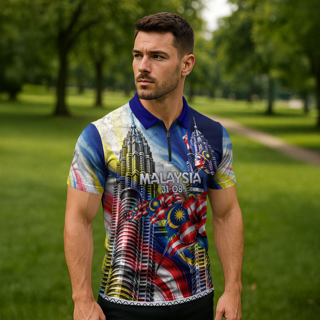 Malaysia Merdeka Independence Day Zipper Polo Shirt Patriotic Twin Towers Soldier National Flower Graphic