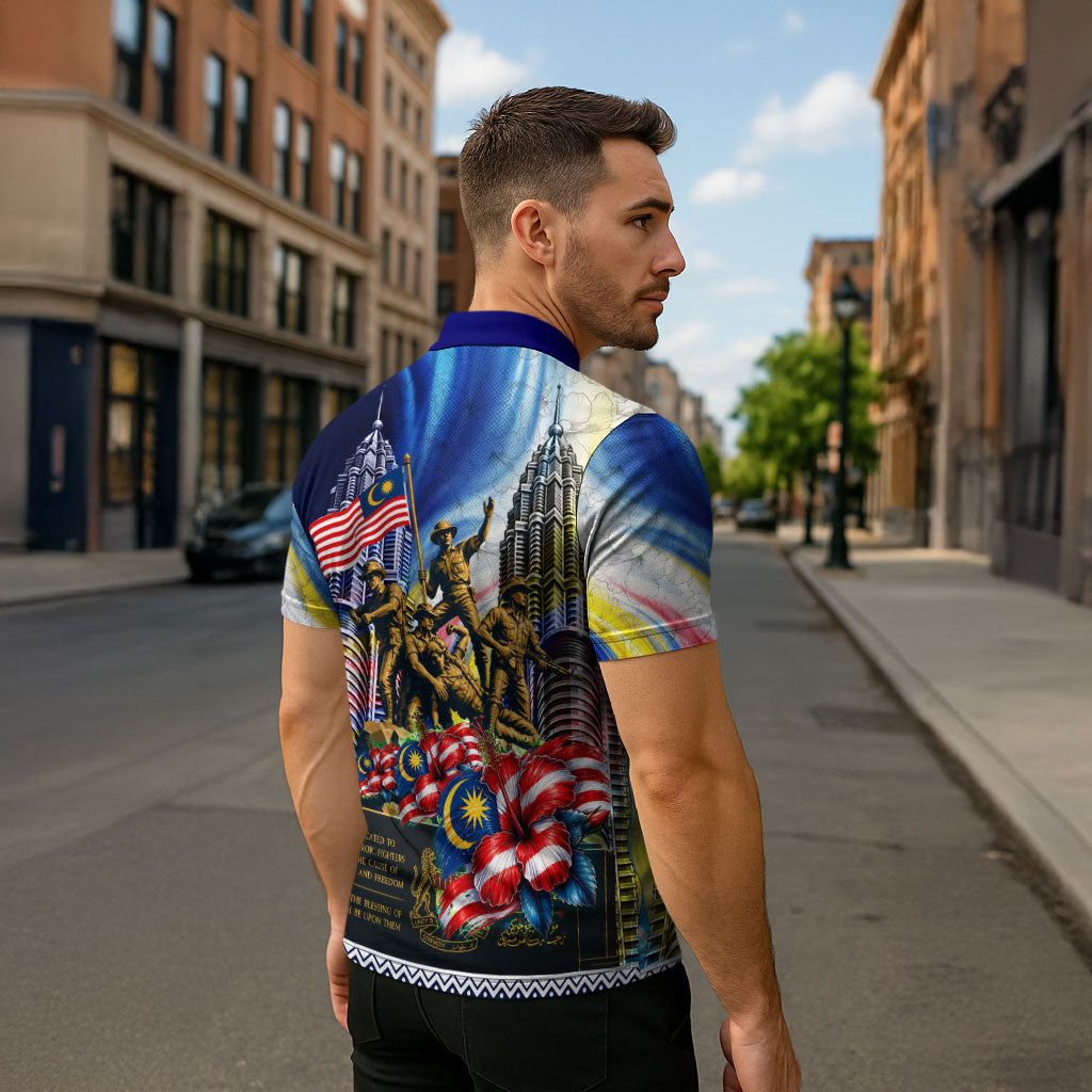 Malaysia Merdeka Independence Day Zipper Polo Shirt Patriotic Twin Towers Soldier National Flower Graphic