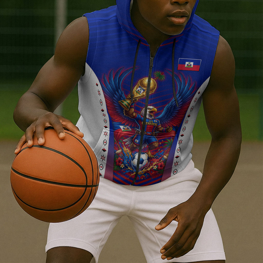 Personalized Haiti Football Eagle Champions Sleeveless Zip Hoodie Les Grenadiers Soccer Trophy 2026 Heritage Flag