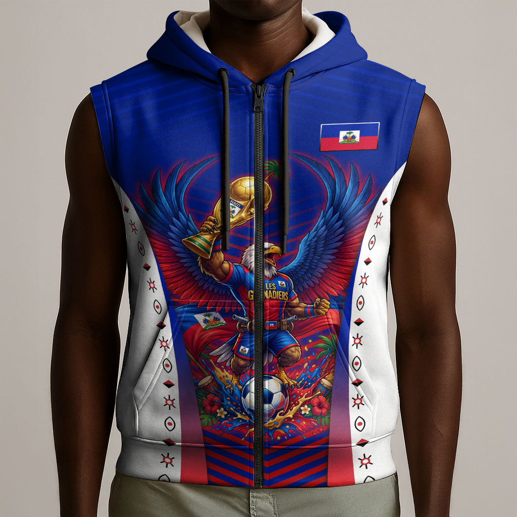 Personalized Haiti Football Eagle Champions Sleeveless Zip Hoodie Les Grenadiers Soccer Trophy 2026 Heritage Flag