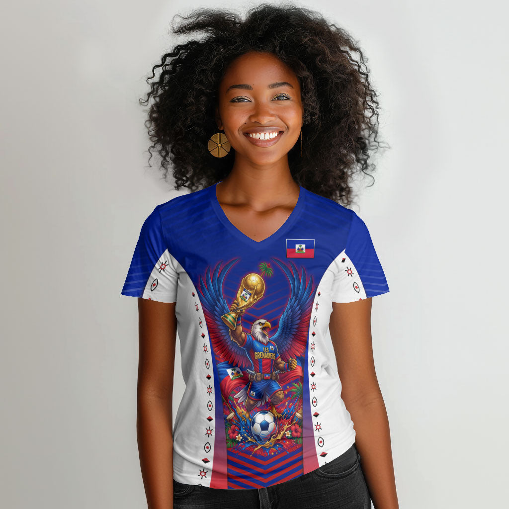 Personalized Haiti Football Eagle Champions Women V-Neck T-Shirt Les Grenadiers Soccer Trophy 2026 Heritage Flag