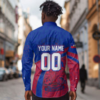 Personalized Haiti Soccer Les Grenadiers Long Sleeve Button Shirt Championship Football 2026 Trophy Haitian Flag Map