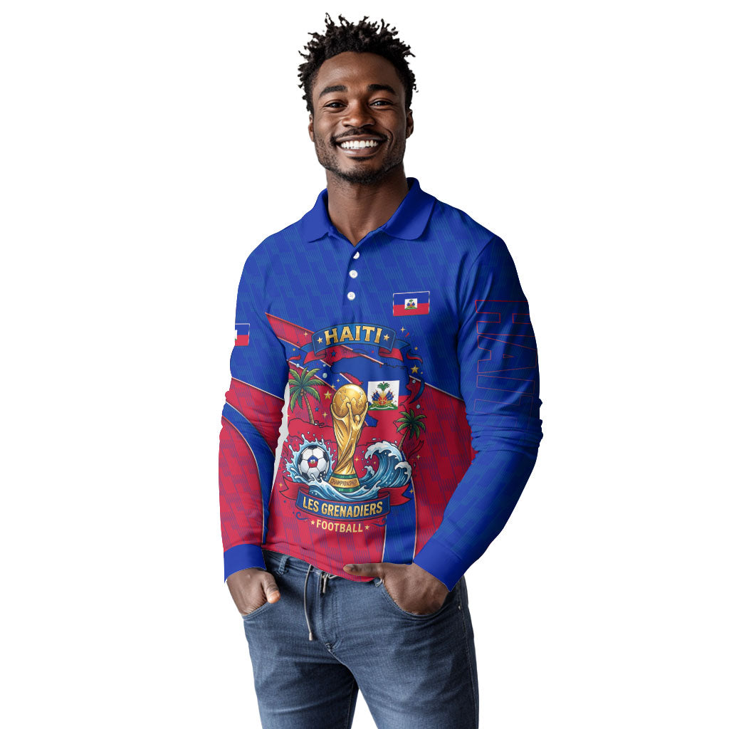 Personalized Haiti Soccer Les Grenadiers Long Sleeve Polo Shirt Championship Football 2026 Trophy Haitian Flag Map