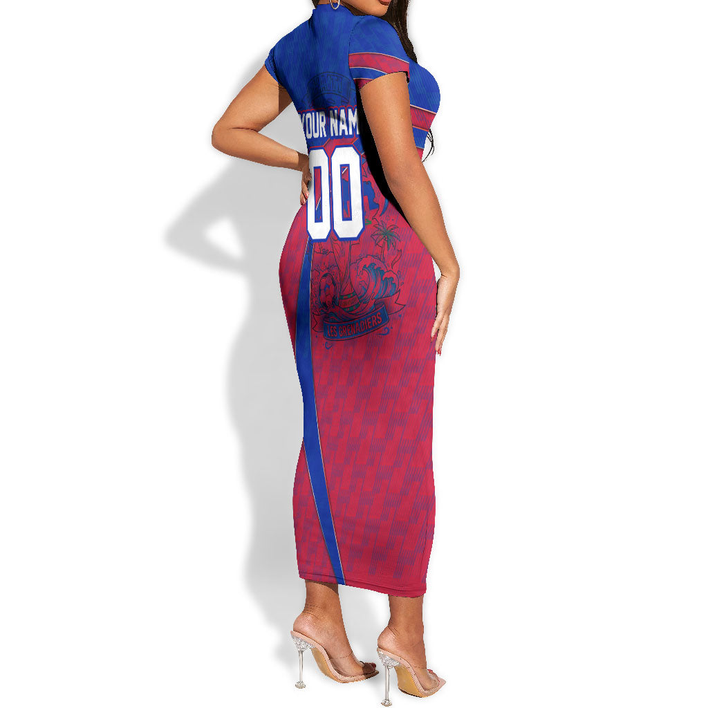 Personalized Haiti Soccer Les Grenadiers Short Sleeve Bodycon Dress Championship Football 2026 Trophy Haitian Flag Map