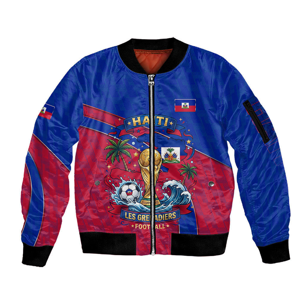 Personalized Haiti Soccer Les Grenadiers Sleeve Zip Bomber Jacket Championship Football 2026 Trophy Haitian Flag Map