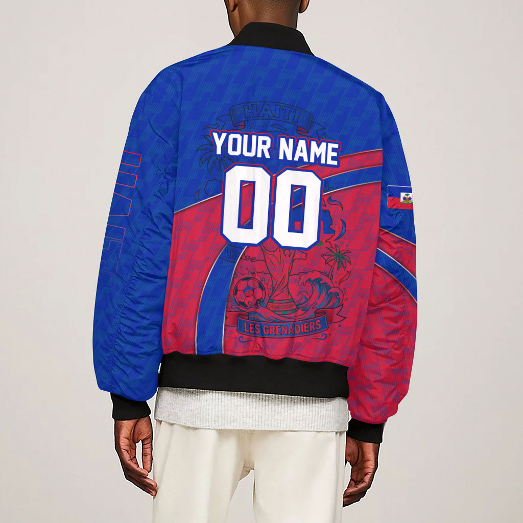 Personalized Haiti Soccer Les Grenadiers Sleeve Zip Bomber Jacket Championship Football 2026 Trophy Haitian Flag Map