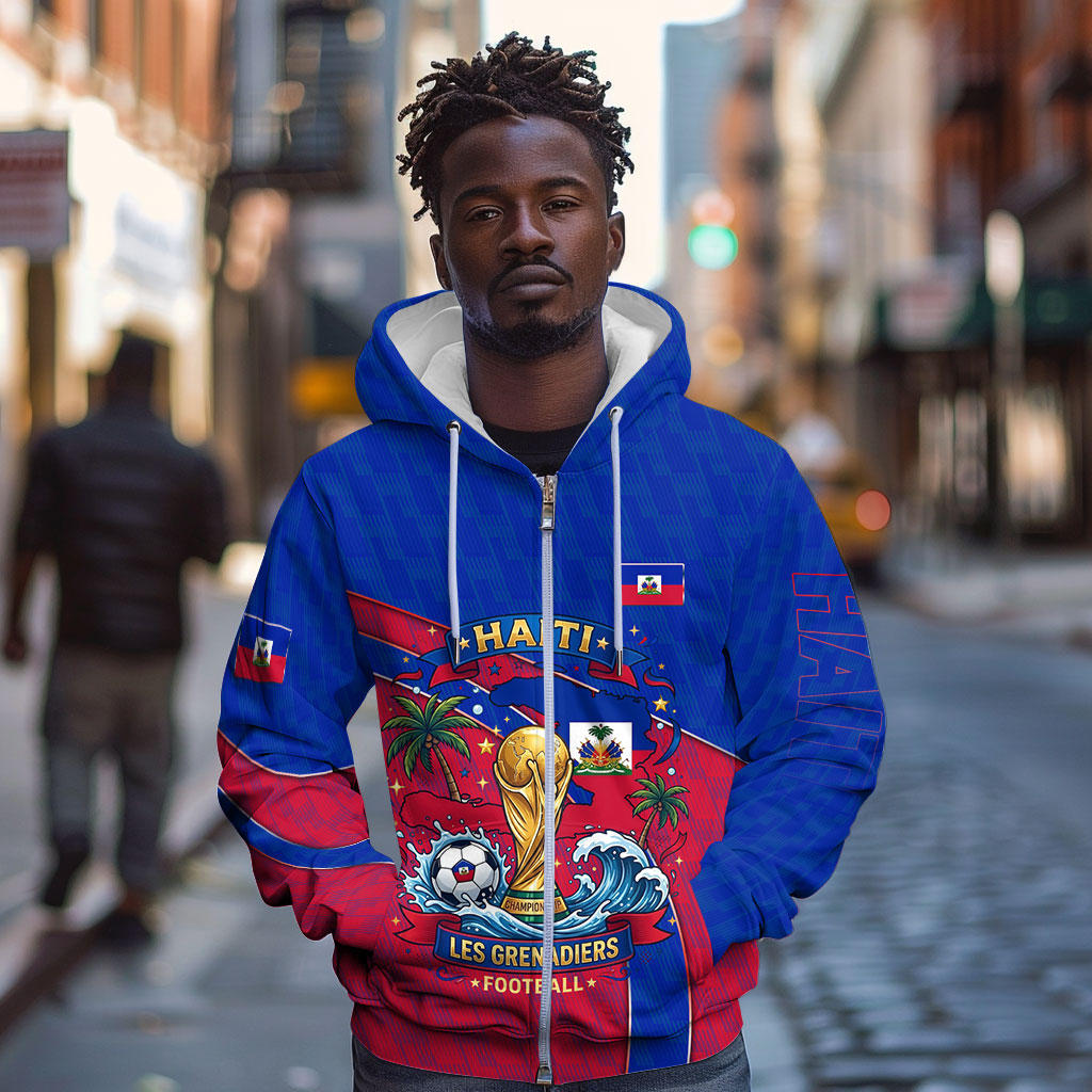 Personalized Haiti Soccer Les Grenadiers Zip Hoodie Championship Football 2026 Trophy Haitian Flag Map