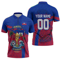 Personalized Haiti Soccer Les Grenadiers Zipper Polo Shirt Championship Football 2026 Trophy Haitian Flag Map