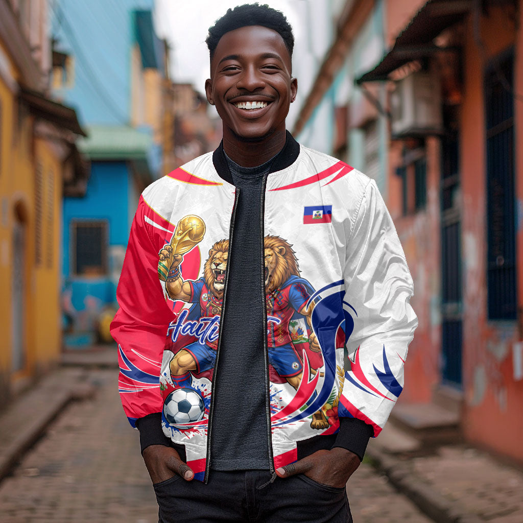Personalized Haiti Football Champions Bomber Jacket Roaring Lion Soccer Mascot With Haiti Trophy Flag