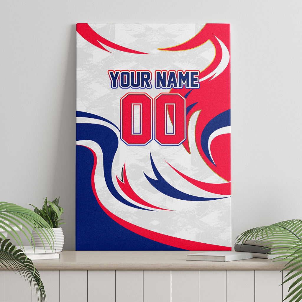 Personalized Haiti Football Champions Canvas Wall Art Roaring Lion Soccer Mascot With Haiti Trophy Flag