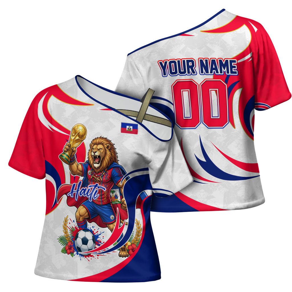 Personalized Haiti Football Champions Cross Shoulder Shirt Roaring Lion Soccer Mascot With Haiti Trophy Flag