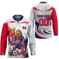 Personalized Haiti Football Champions Hockey Jersey Roaring Lion Soccer Mascot With Haiti Trophy Flag