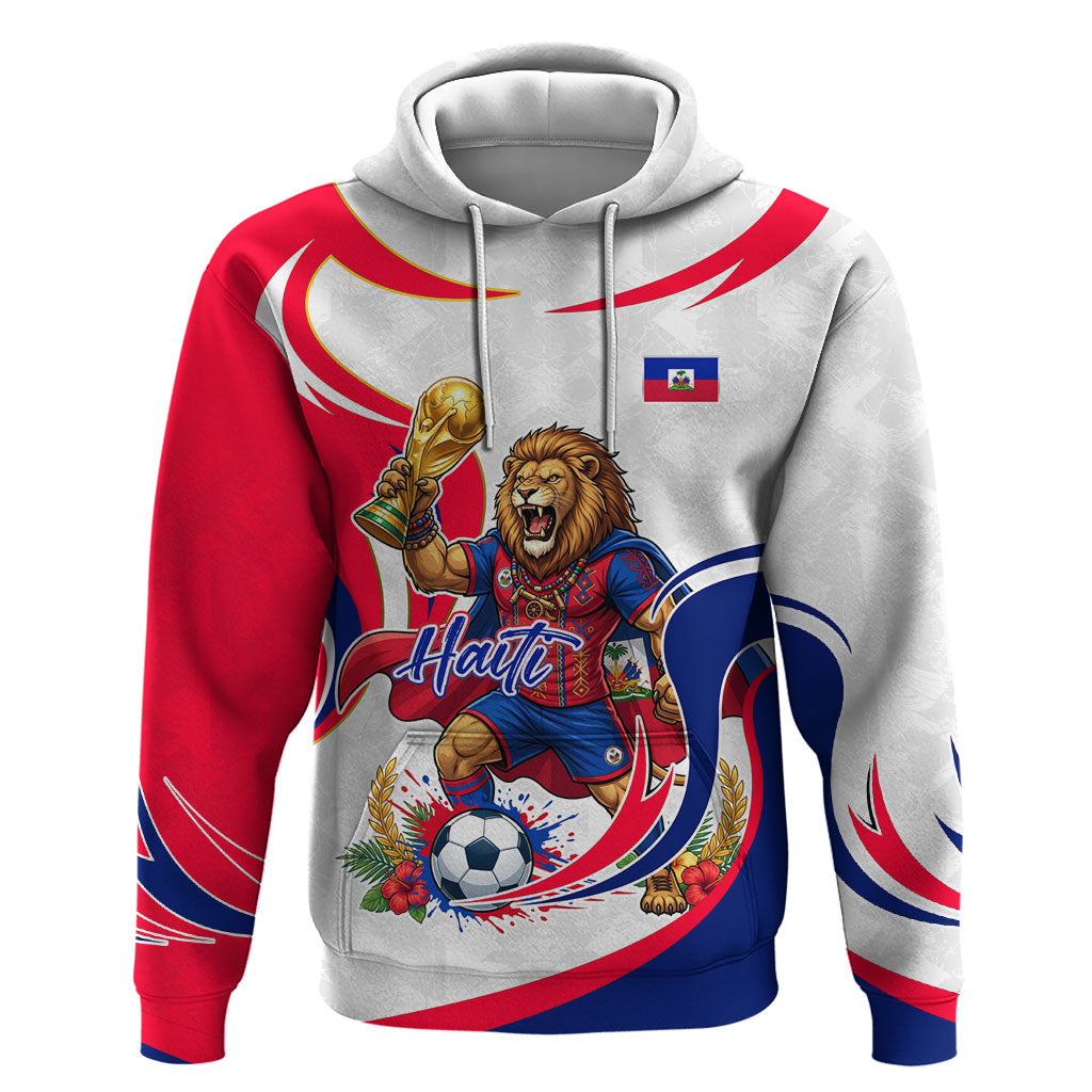 Personalized Haiti Football Champions Hoodie Roaring Lion Soccer Mascot With Haiti Trophy Flag
