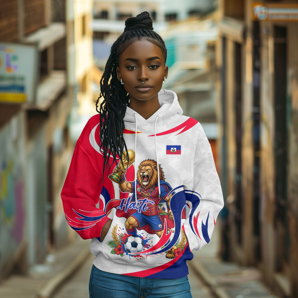 Personalized Haiti Football Champions Hoodie Roaring Lion Soccer Mascot With Haiti Trophy Flag