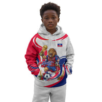 Personalized Haiti Football Champions Kid Hoodie Roaring Lion Soccer Mascot With Haiti Trophy Flag