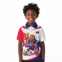 Personalized Haiti Football Champions Kid Polo Shirt Roaring Lion Soccer Mascot With Haiti Trophy Flag