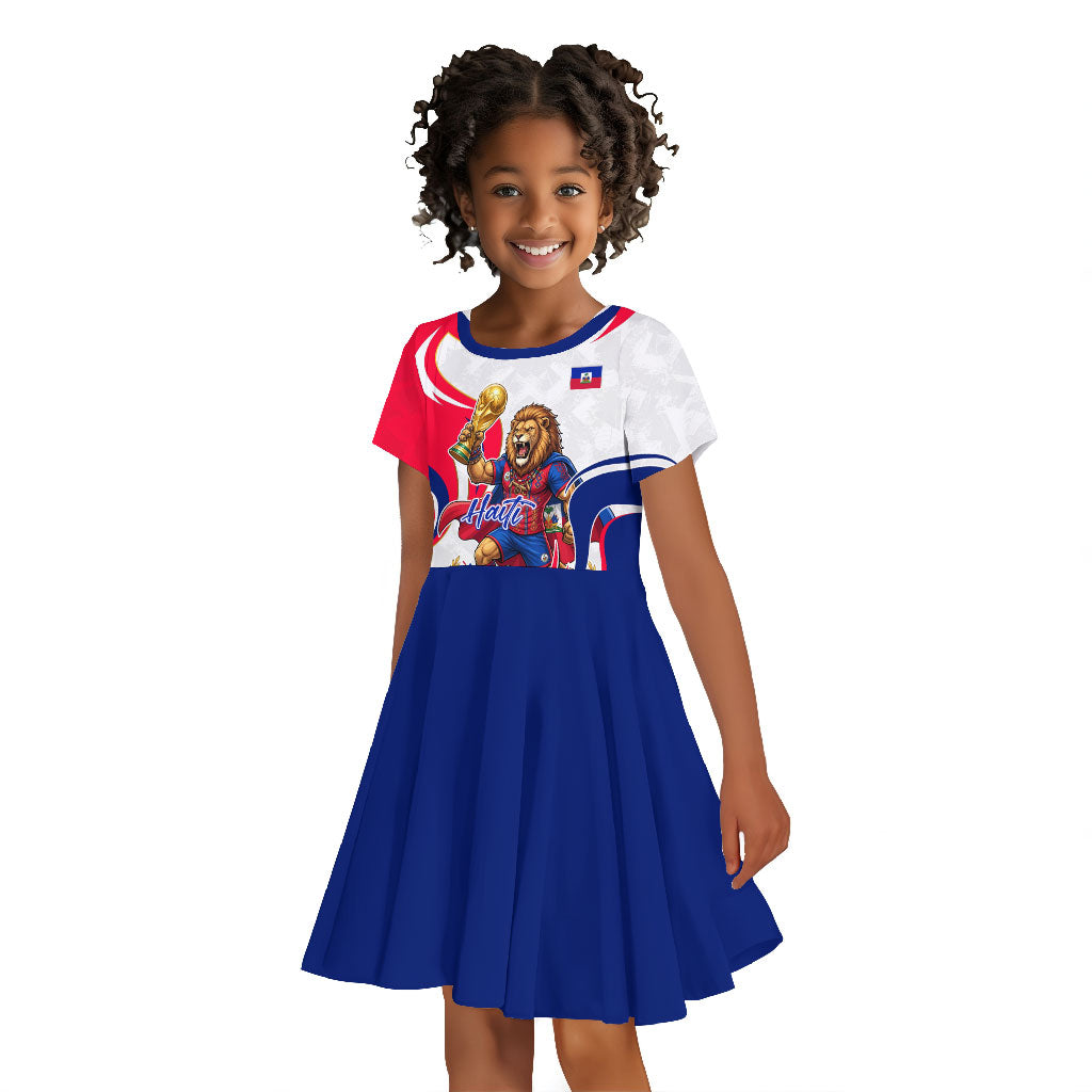 Personalized Haiti Football Champions Kid Short Sleeve Dress Roaring Lion Soccer Mascot With Haiti Trophy Flag