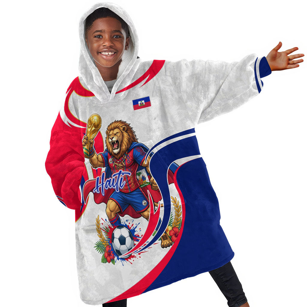 Personalized Haiti Football Champions Kid Wearable Blanket Hoodie Roaring Lion Soccer Mascot With Haiti Trophy Flag