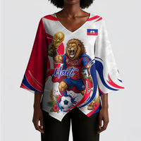 Personalized Haiti Football Champions Kimono Sleeve Blouse Roaring Lion Soccer Mascot With Haiti Trophy Flag