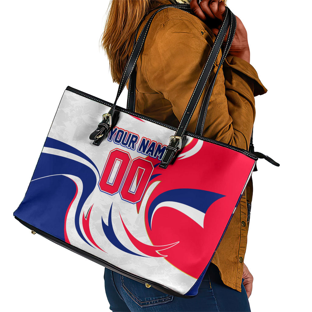 Personalized Haiti Football Champions Leather Tote Bag Roaring Lion Soccer Mascot With Haiti Trophy Flag