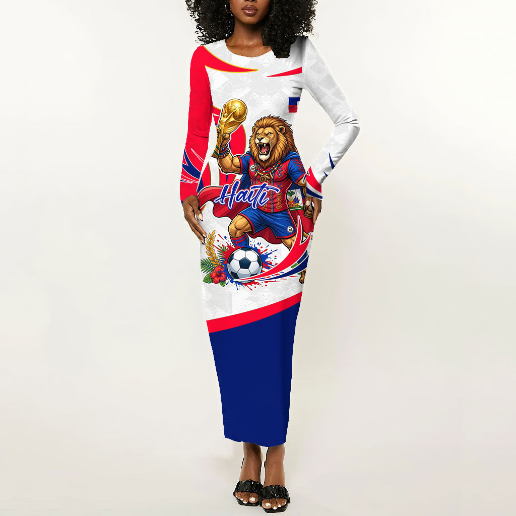 Personalized Haiti Football Champions Long Sleeve Bodycon Dress Roaring Lion Soccer Mascot With Haiti Trophy Flag