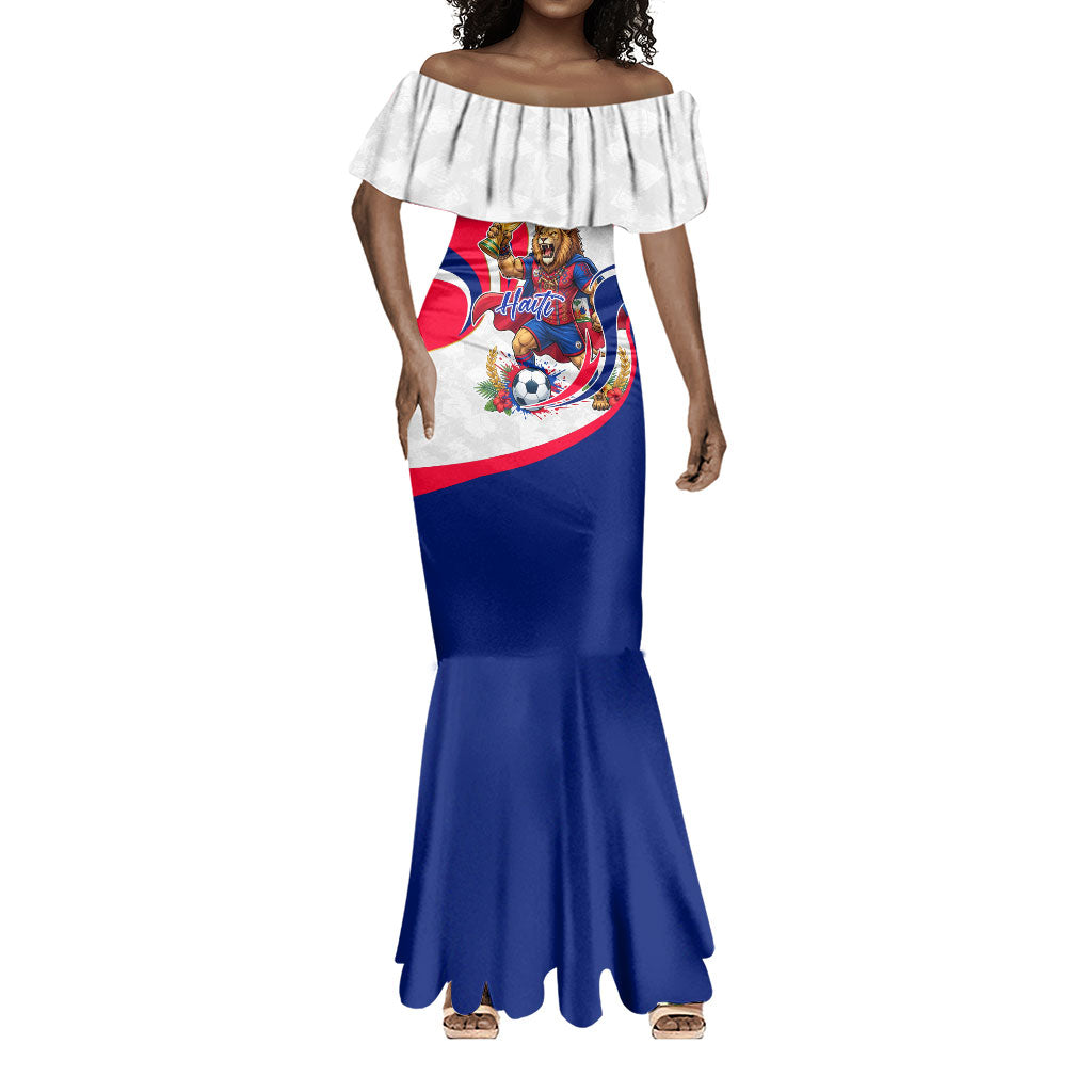 Personalized Haiti Football Champions Mermaid Dress Roaring Lion Soccer Mascot With Haiti Trophy Flag