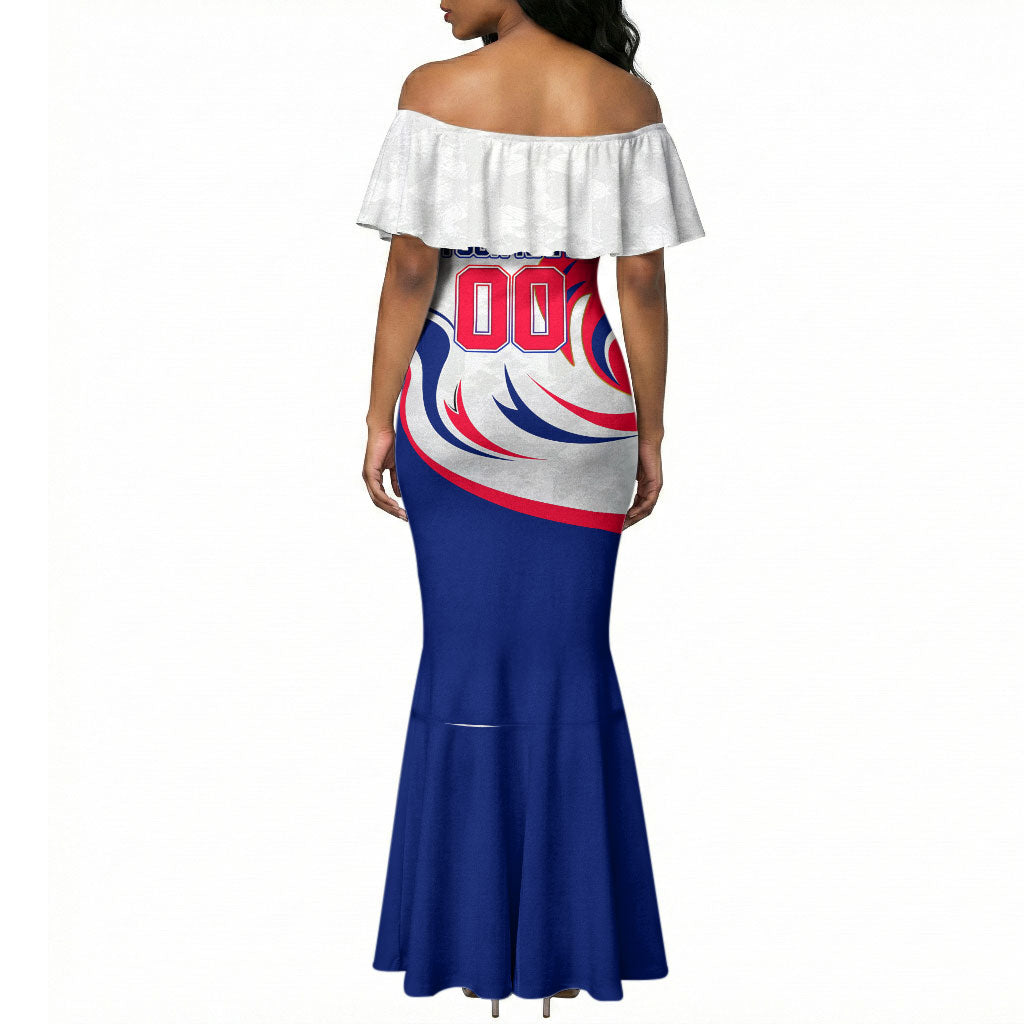 Personalized Haiti Football Champions Mermaid Dress Roaring Lion Soccer Mascot With Haiti Trophy Flag