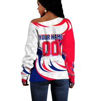 Personalized Haiti Football Champions Off Shoulder Sweater Roaring Lion Soccer Mascot With Haiti Trophy Flag